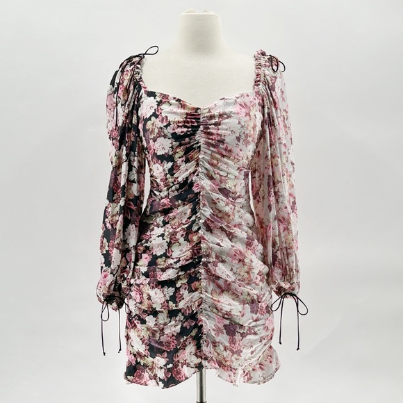 For love & lemons Houston Mini Dress Size S Pink Floral Ruched Sweetheart Neck - Picture 3 of 6
